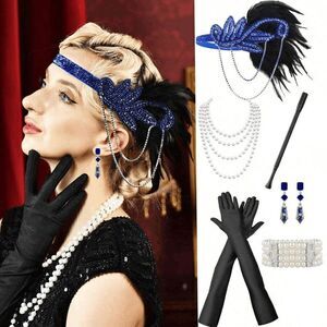 💙✨ 6PCS 1920s Blue Accessories Flapper Great Gatsby Retro Costume Set NEW